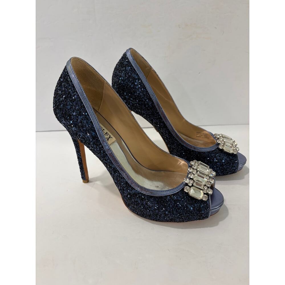 Badgley Mischka Alter II Blue Glitter Jewel Peep Toe Pumps - Picture 2 of 10